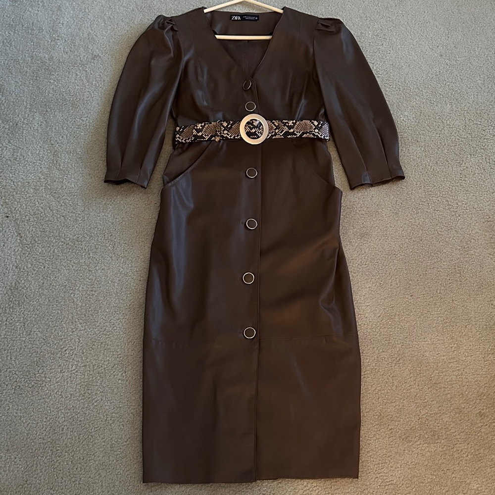 Zara Chocolate faux leather Dress with Belt